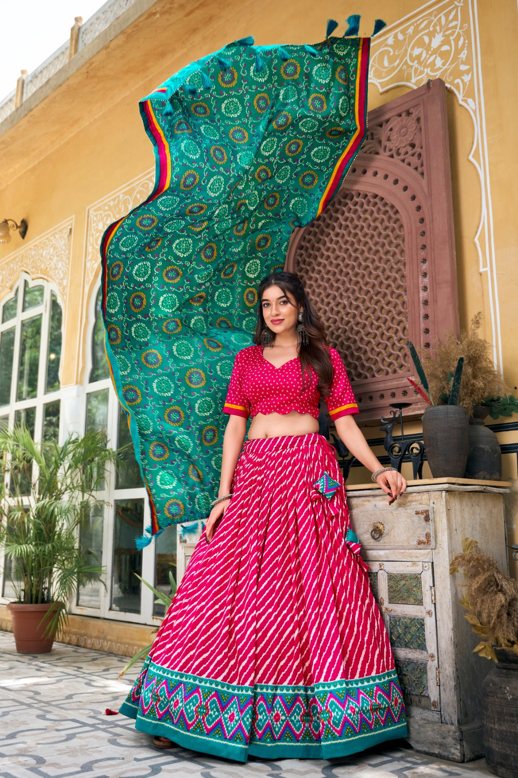 Leheriya With Patola Printed Tussar Silk  Lehenga Choli Set - Ethnicwish