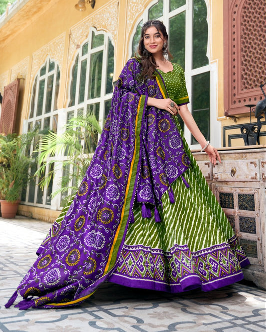 Leheriya With Patola Printed Tussar Silk  Lehenga Choli Set - Ethnicwish