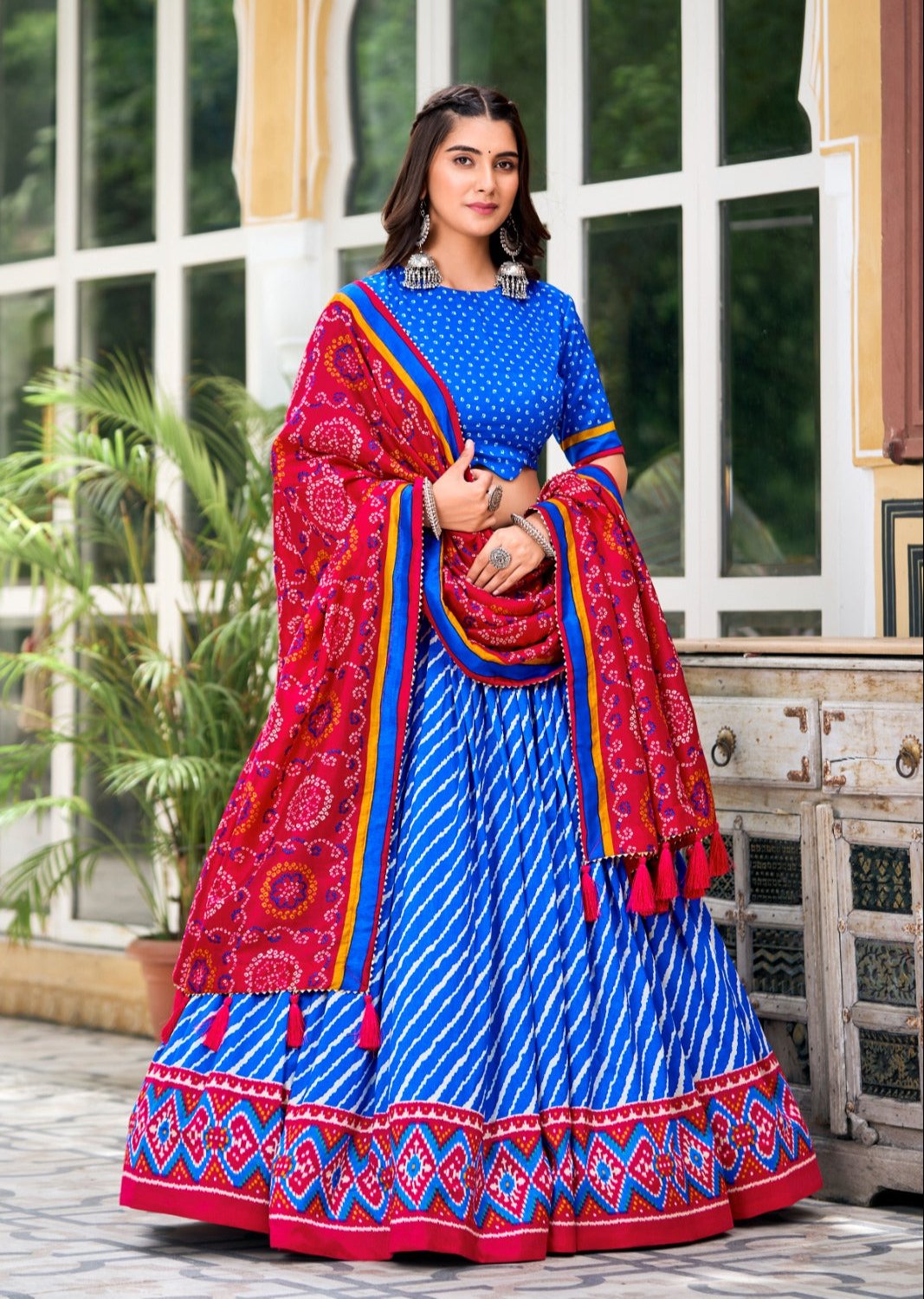 Leheriya With Patola Printed Tussar Silk  Lehenga Choli Set - Ethnicwish