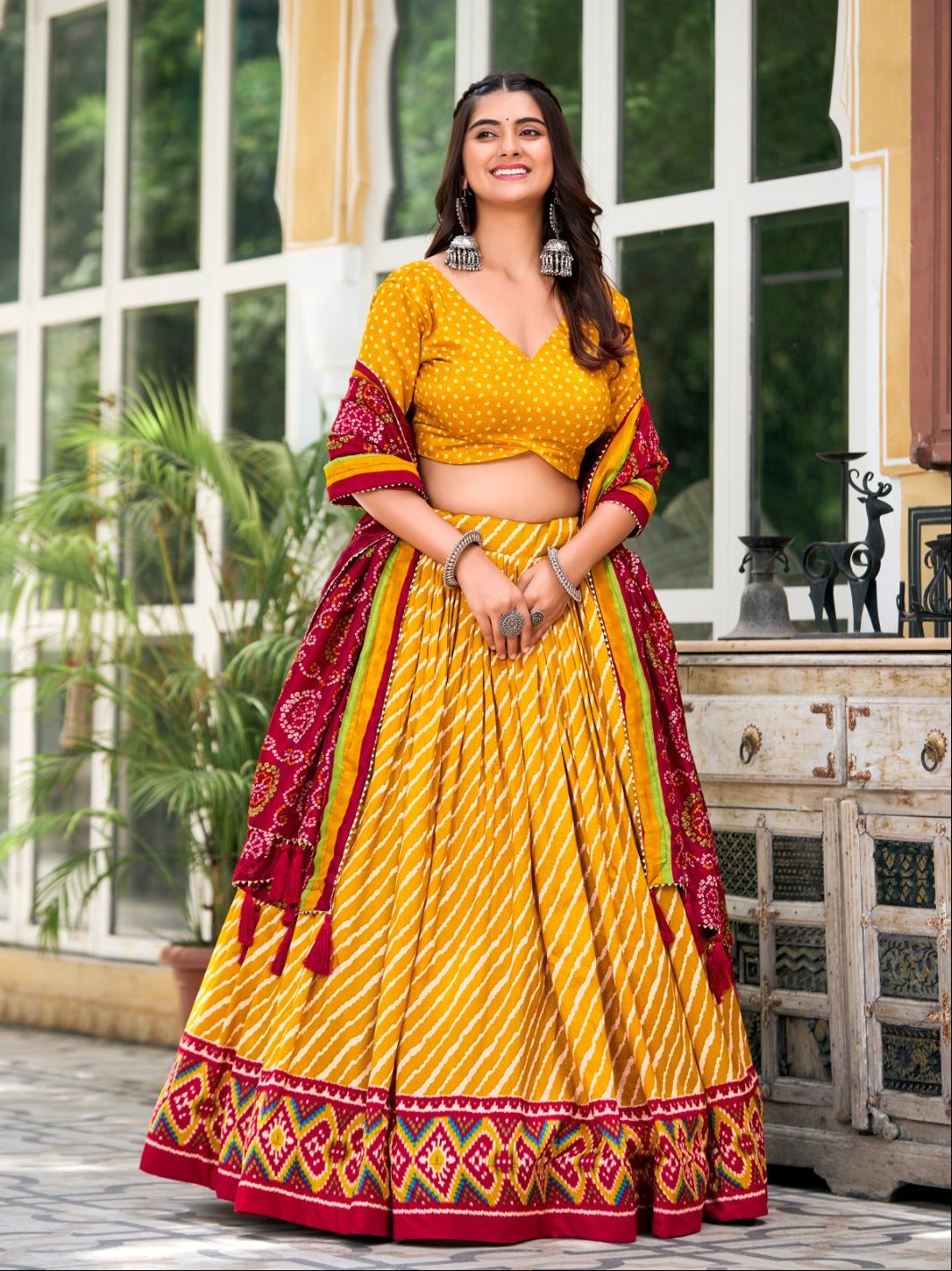 Leheriya With Patola Printed Tussar Silk  Lehenga Choli Set - Ethnicwish
