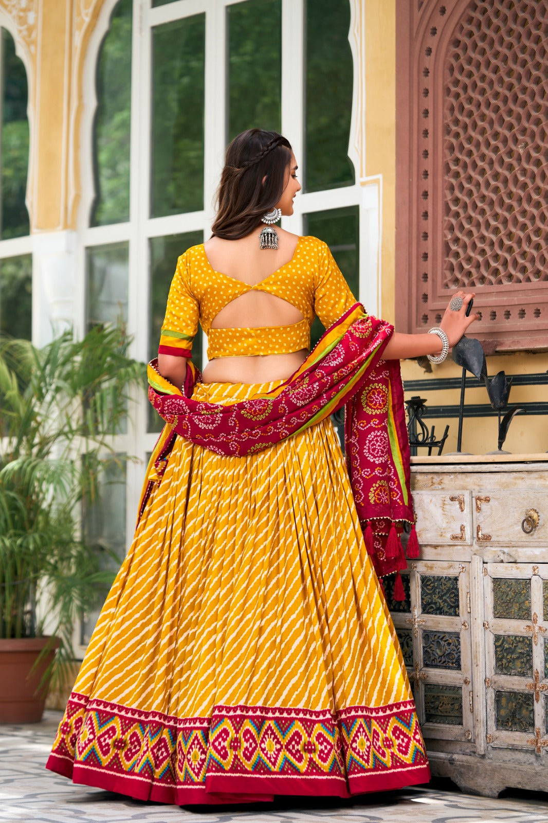 Leheriya With Patola Printed Tussar Silk  Lehenga Choli Set - Ethnicwish