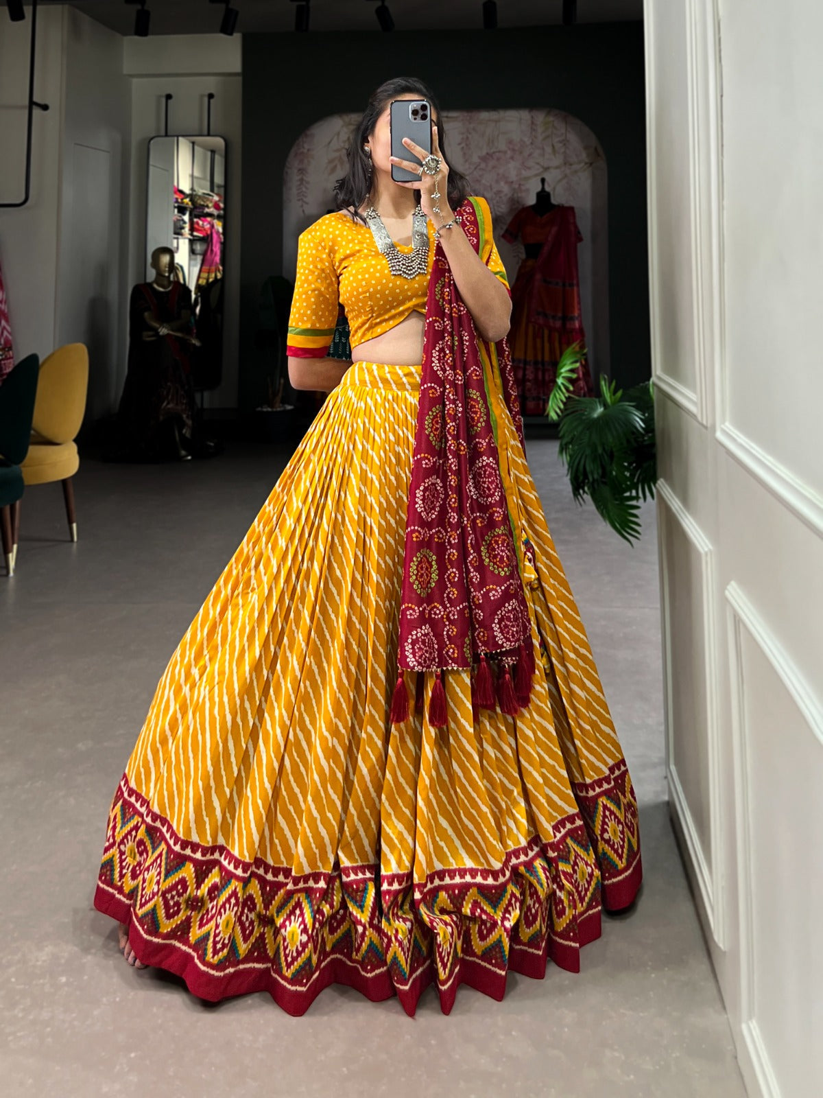 Leheriya With Patola Printed Tussar Silk  Lehenga Choli Set - Ethnicwish