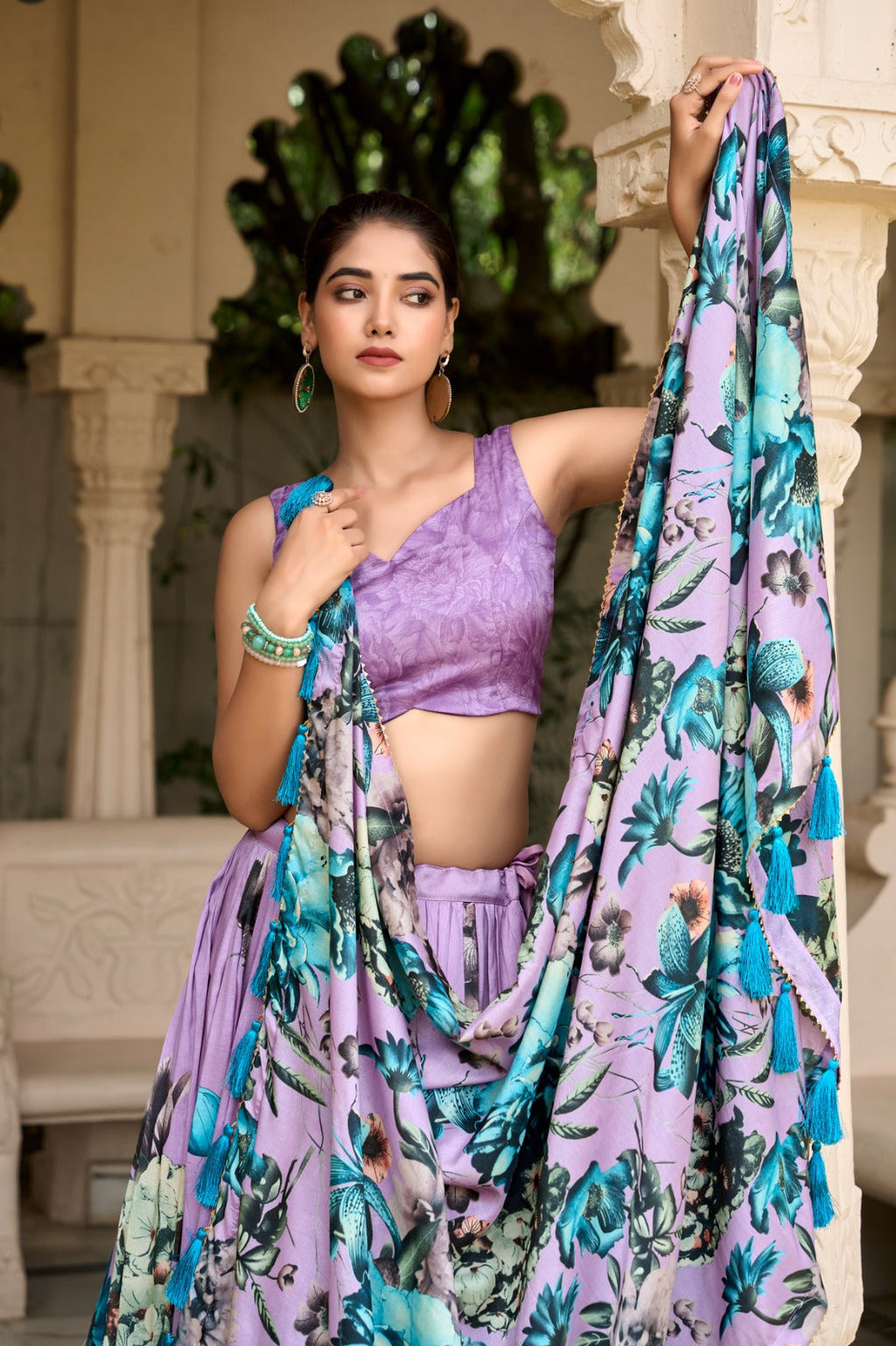 Stylish Tussar Silk Floral Digital Printed Lehenga Choli Set - Ethnicwish