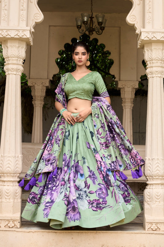Stylish Tussar Silk Floral Digital Printed Lehenga Choli Set - Ethnicwish