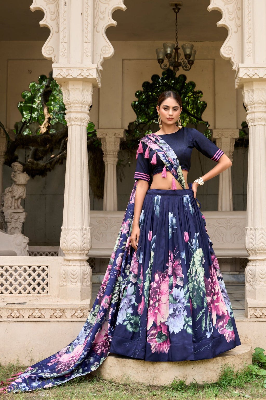 Stylish Tussar Silk Floral Digital Printed Lehenga Choli Set - Ethnicwish
