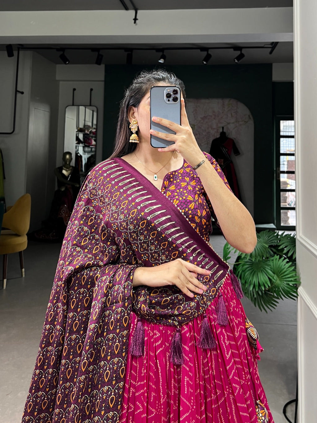 Sumptuous Pink Tussar Silk Bandhej Ajarakh Printed Lehenga Choli - Ethnicwish