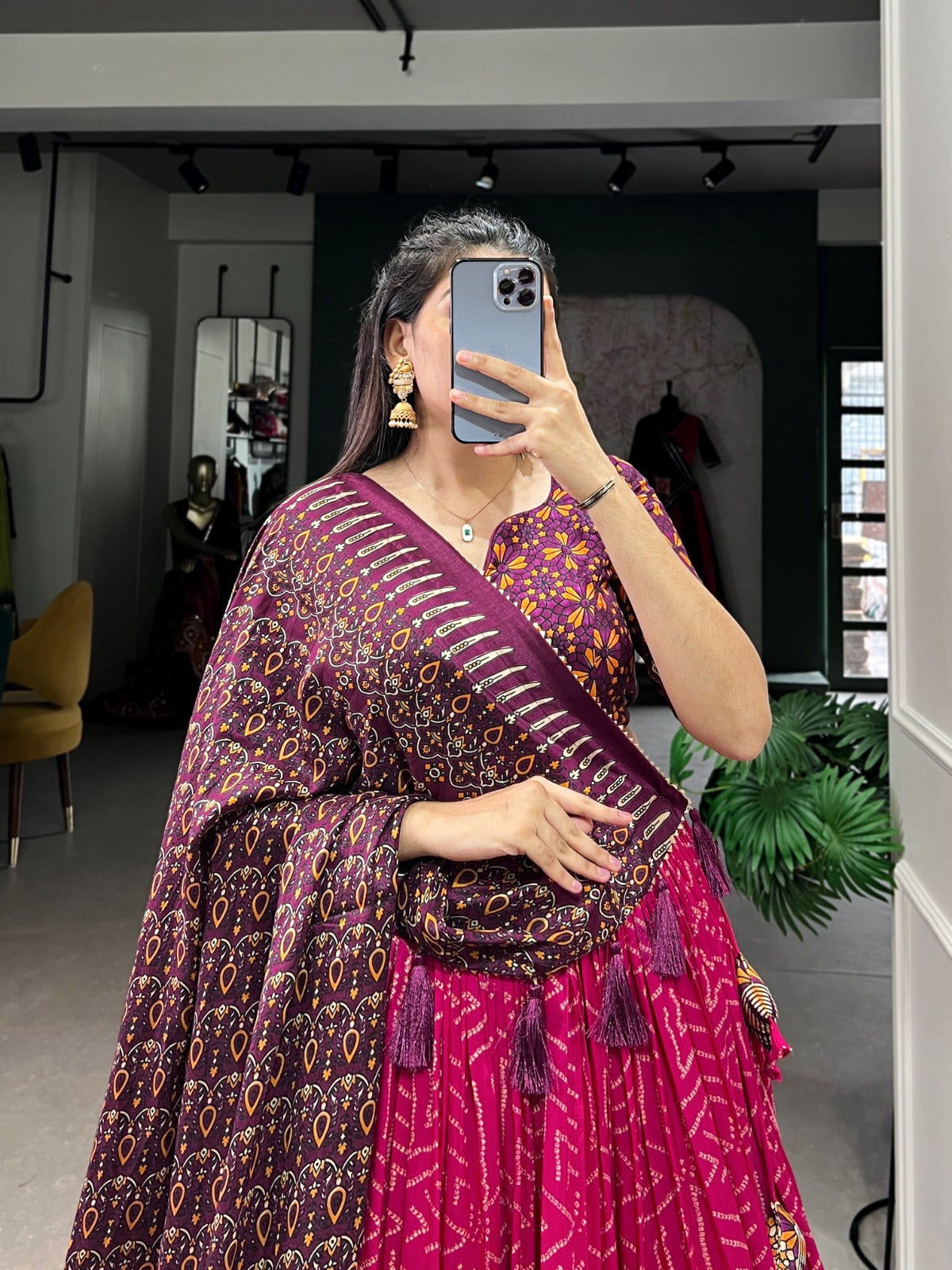 Sumptuous Pink Tussar Silk Bandhej Ajarakh Printed Lehenga Choli - Ethnicwish