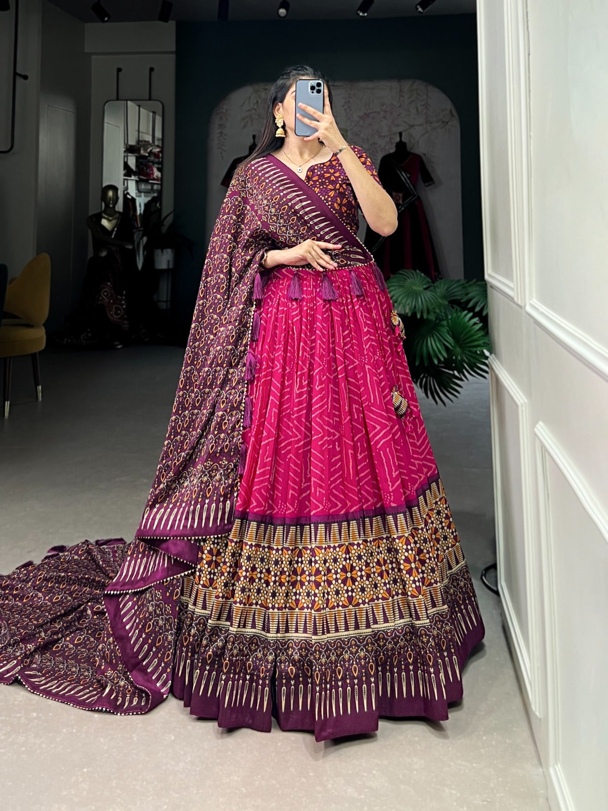 Sumptuous Pink Tussar Silk Bandhej Ajarakh Printed Lehenga Choli - Ethnicwish