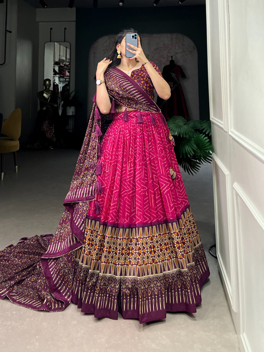 Sumptuous Pink Tussar Silk Bandhej Ajarakh Printed Lehenga Choli - Ethnicwish