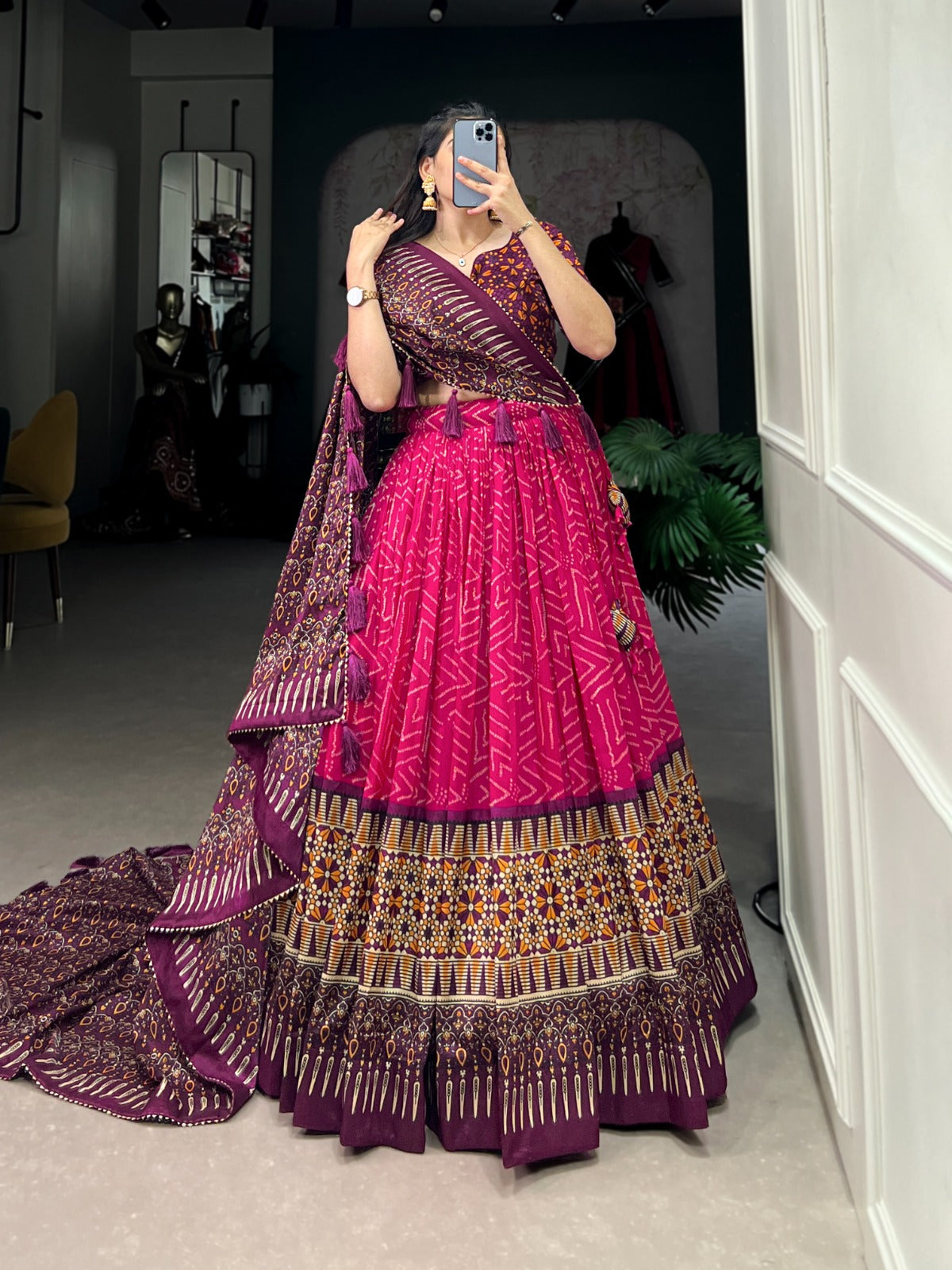 Sumptuous Pink Tussar Silk Bandhej Ajarakh Printed Lehenga Choli - Ethnicwish
