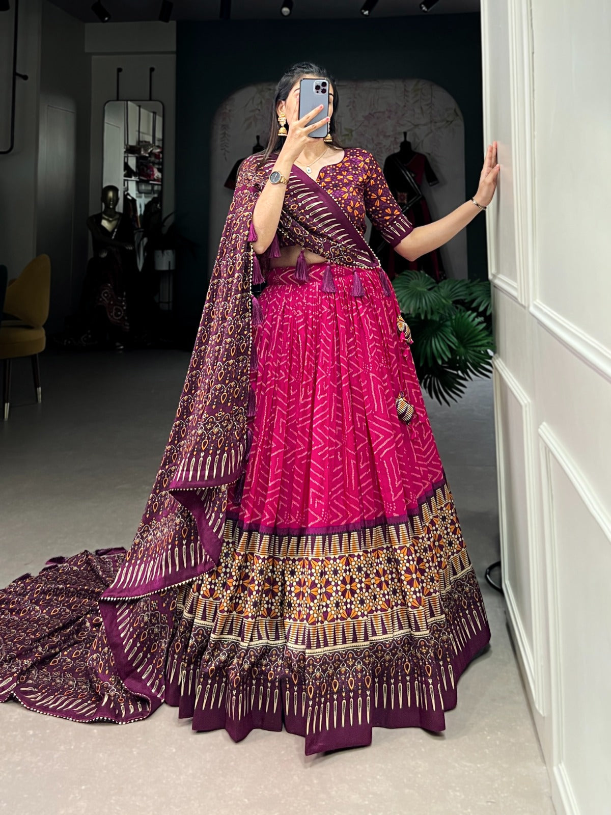 Sumptuous Pink Tussar Silk Bandhej Ajarakh Printed Lehenga Choli - Ethnicwish