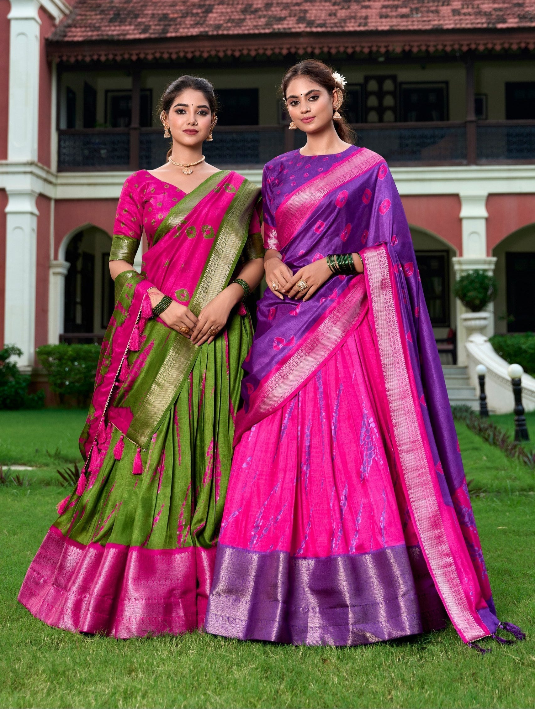 Magnificent Dola Silk Shibori Printed Zari Weaving Border Worked Lehenga Set - Ethnicwish