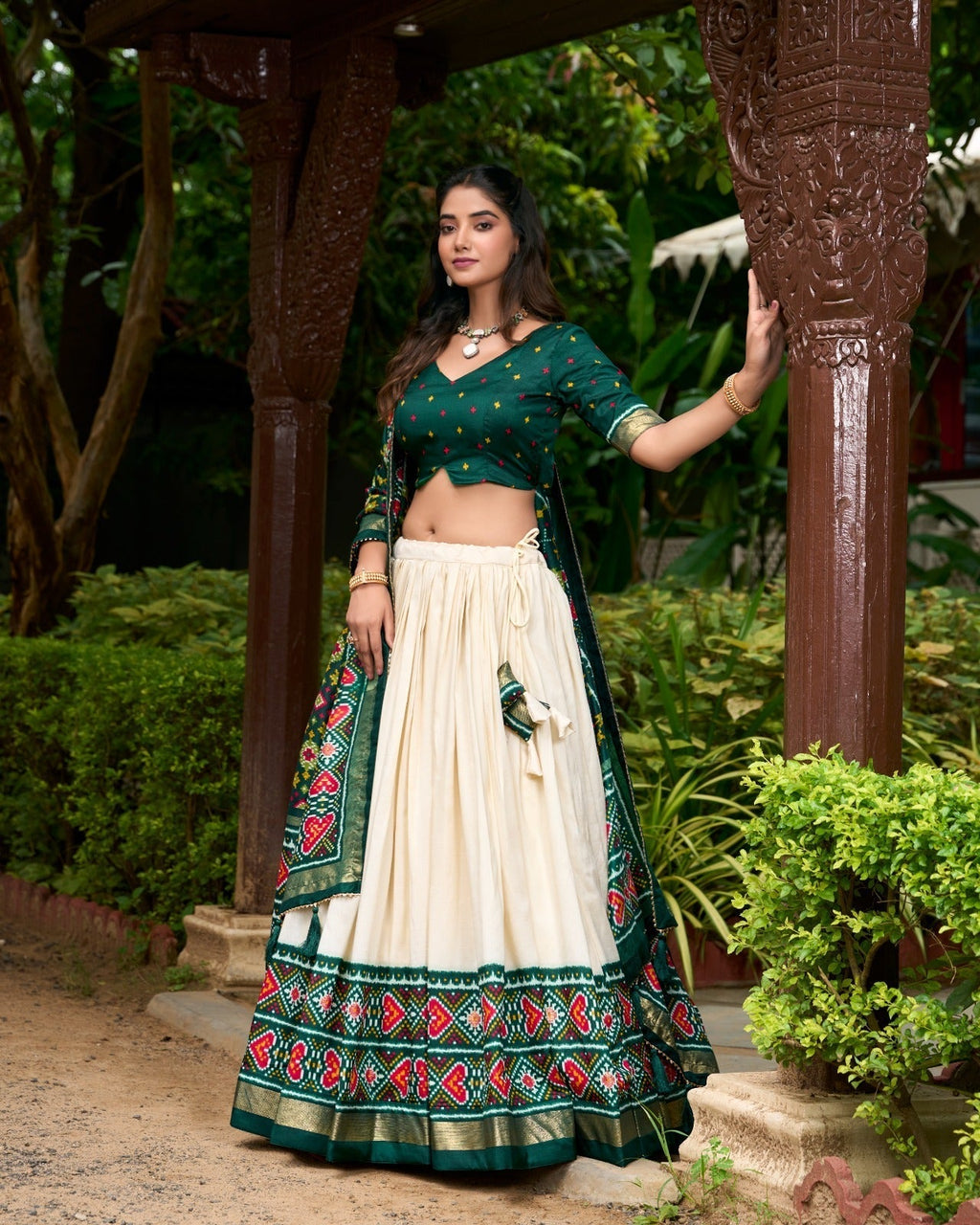 Dashing Green Tussar Silk Patola Printed Lehenga Choli Set - Ethnicwish