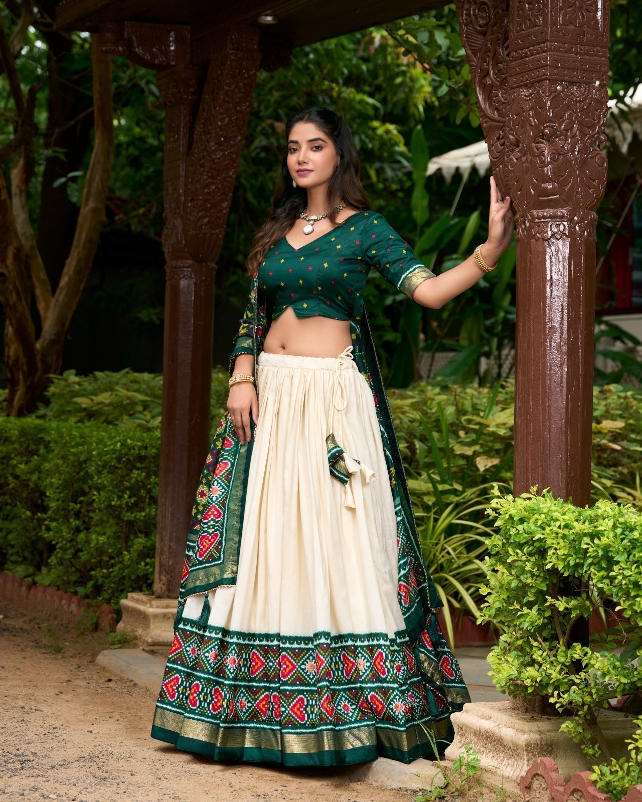 Dashing Green Tussar Silk Patola Printed Lehenga Choli Set - Ethnicwish