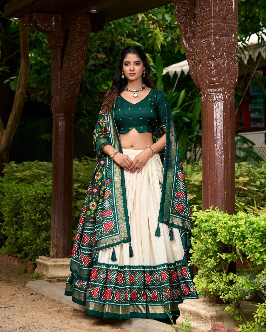 Dashing Green Tussar Silk Patola Printed Lehenga Choli Set - Ethnicwish