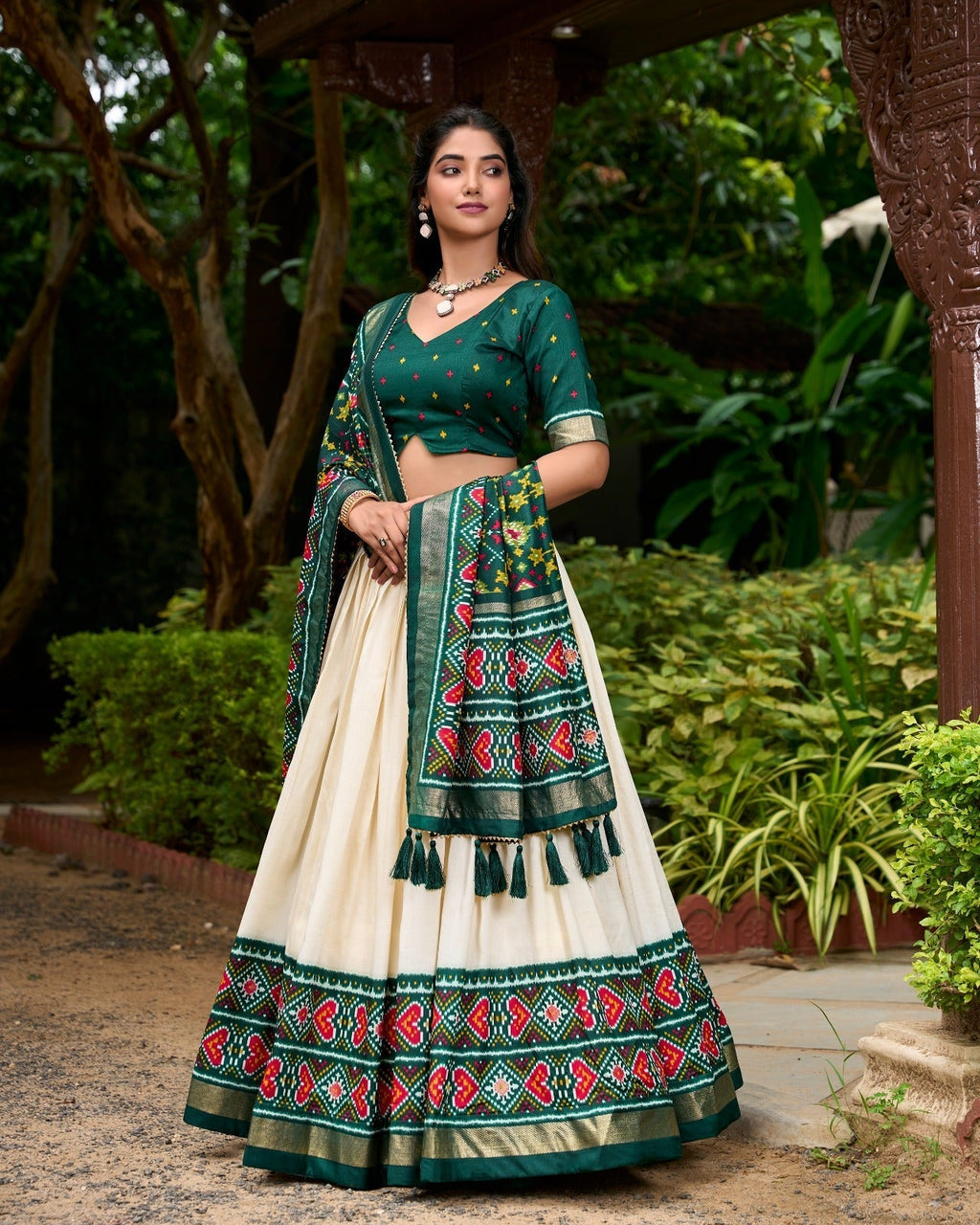 Dashing Green Tussar Silk Patola Printed Lehenga Choli Set - Ethnicwish