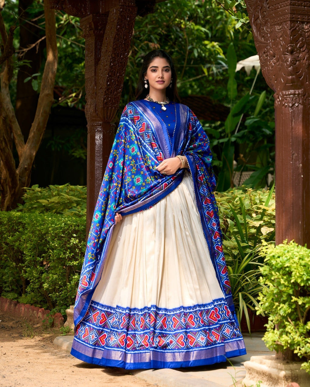 Stunning Royal Blue Tussar Silk Patola Printed Lehenga Choli Set - Ethnicwish