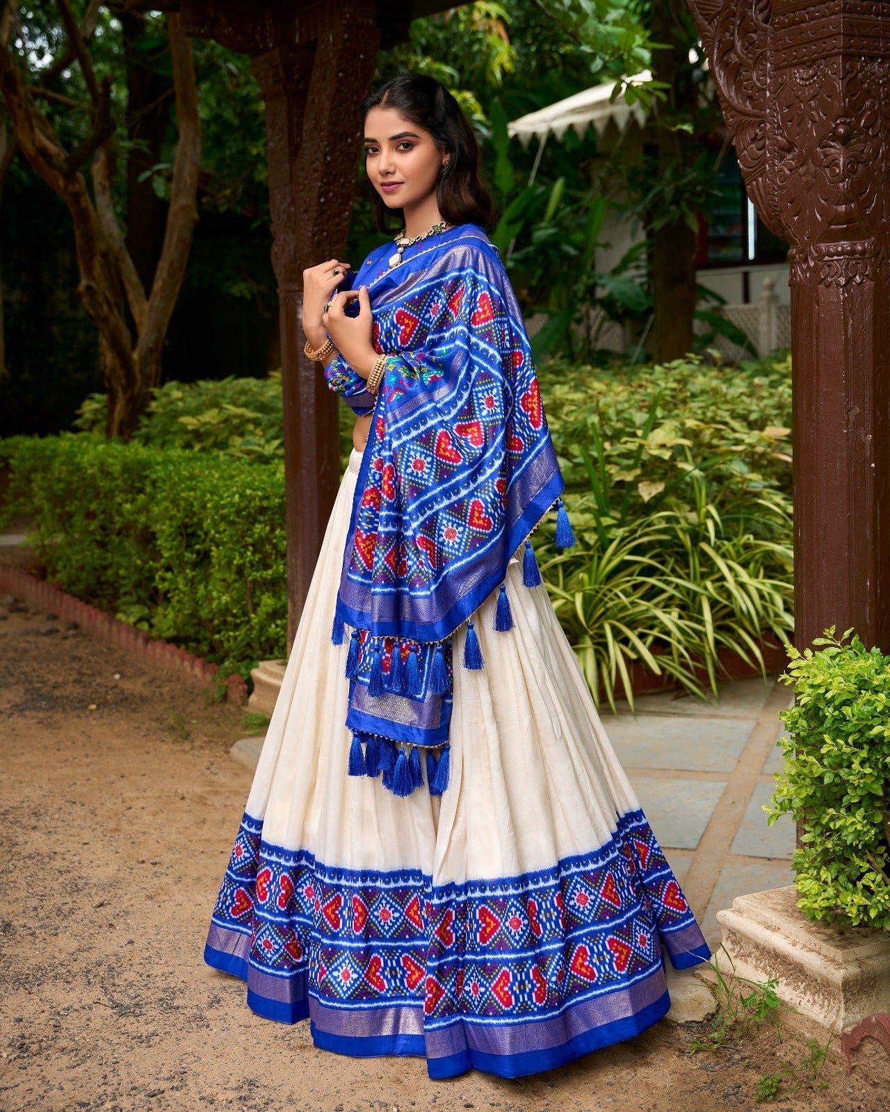 Stunning Royal Blue Tussar Silk Patola Printed Lehenga Choli Set - Ethnicwish