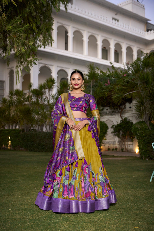 Spectacular Jacquard Silk Kalamkari Printed Lehenga Choli Set - Ethnicwish