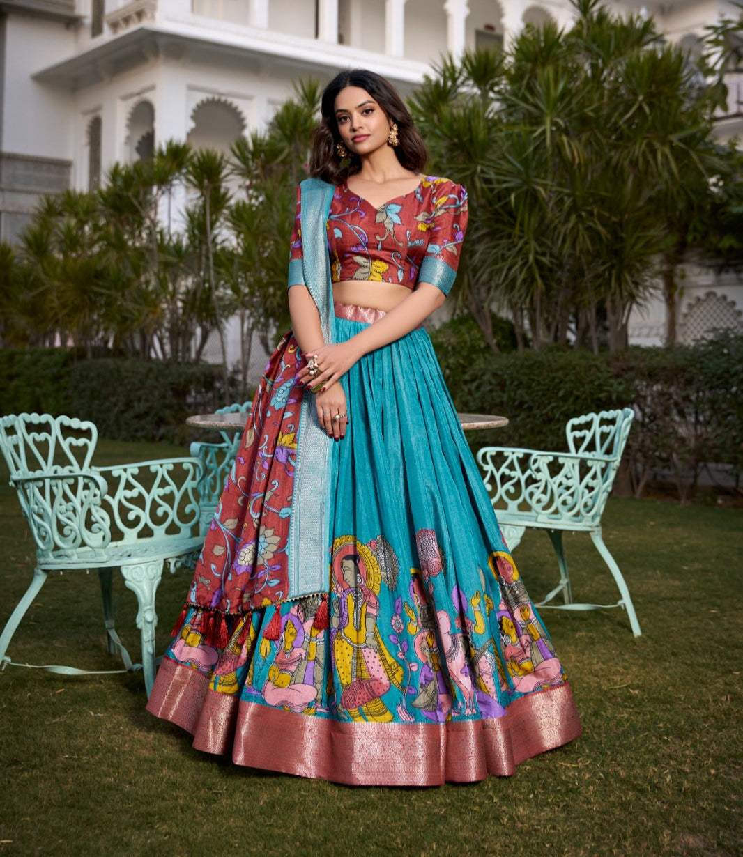 Spectacular Jacquard Silk Kalamkari Printed Lehenga Choli Set - Ethnicwish