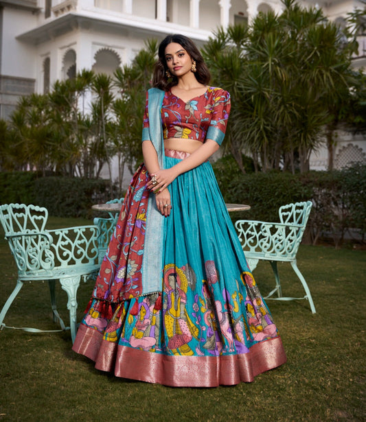 Spectacular Jacquard Silk Kalamkari Printed Lehenga Choli Set - Ethnicwish