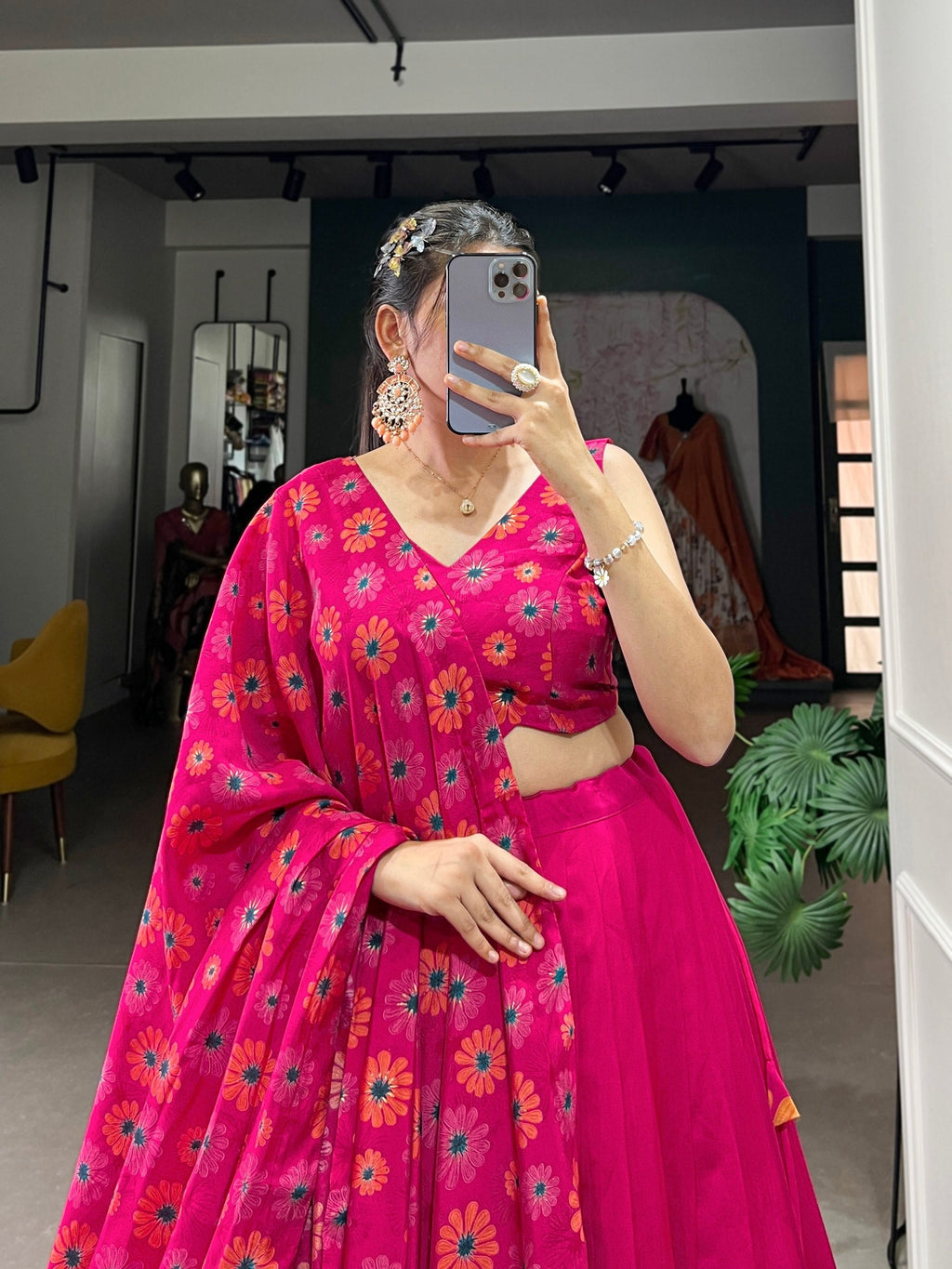 Magnificent Pink Floral Printed Foil Worked Tussar Silk Lehenga Choli - Ethnicwish