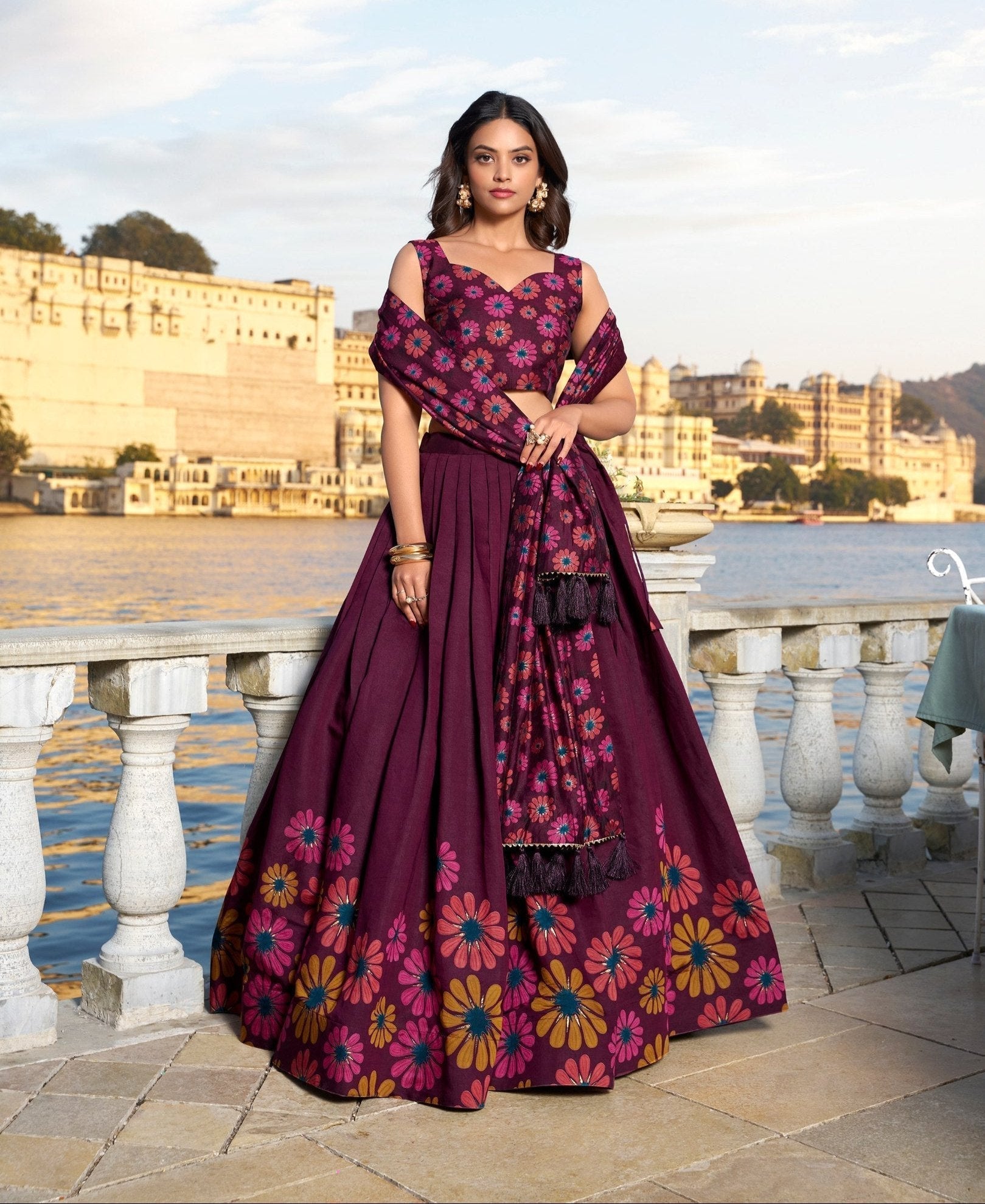 Breathtaking WineFloral Printed Foil Worked Tussar Silk Lehenga Choli - Ethnicwish