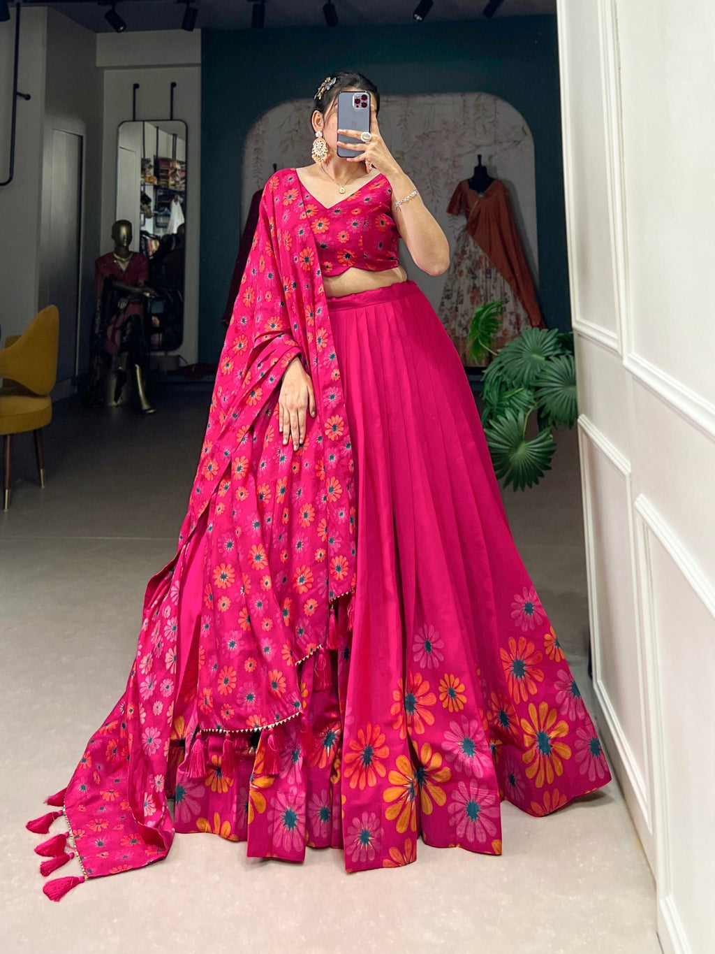 Magnificent Pink Floral Printed Foil Worked Tussar Silk Lehenga Choli - Ethnicwish