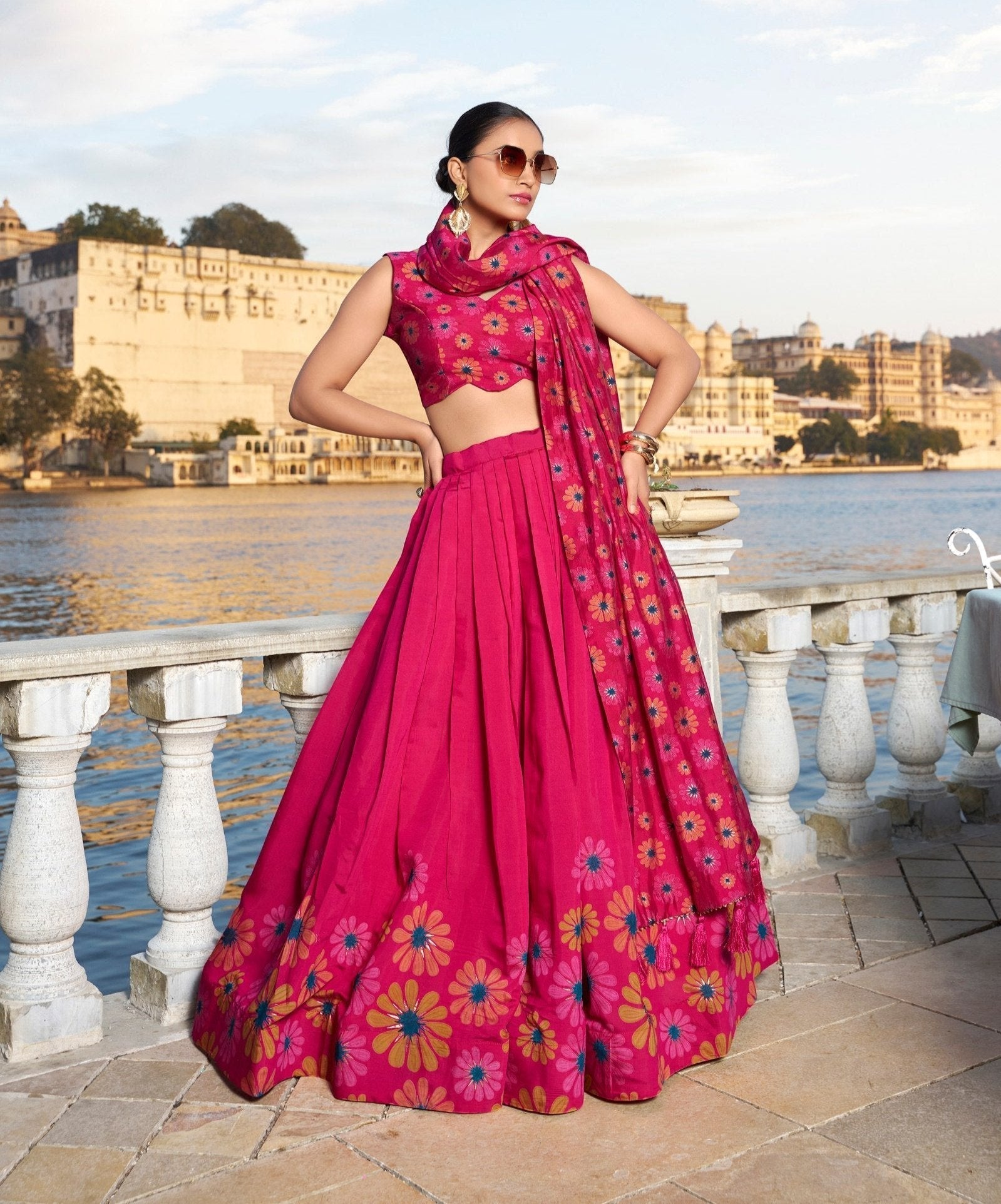 Magnificent Pink Floral Printed Foil Worked Tussar Silk Lehenga Choli - Ethnicwish