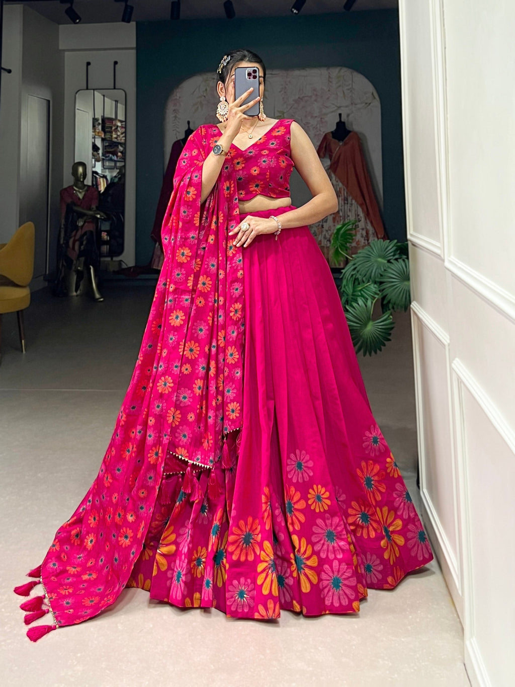 Magnificent Pink Floral Printed Foil Worked Tussar Silk Lehenga Choli - Ethnicwish