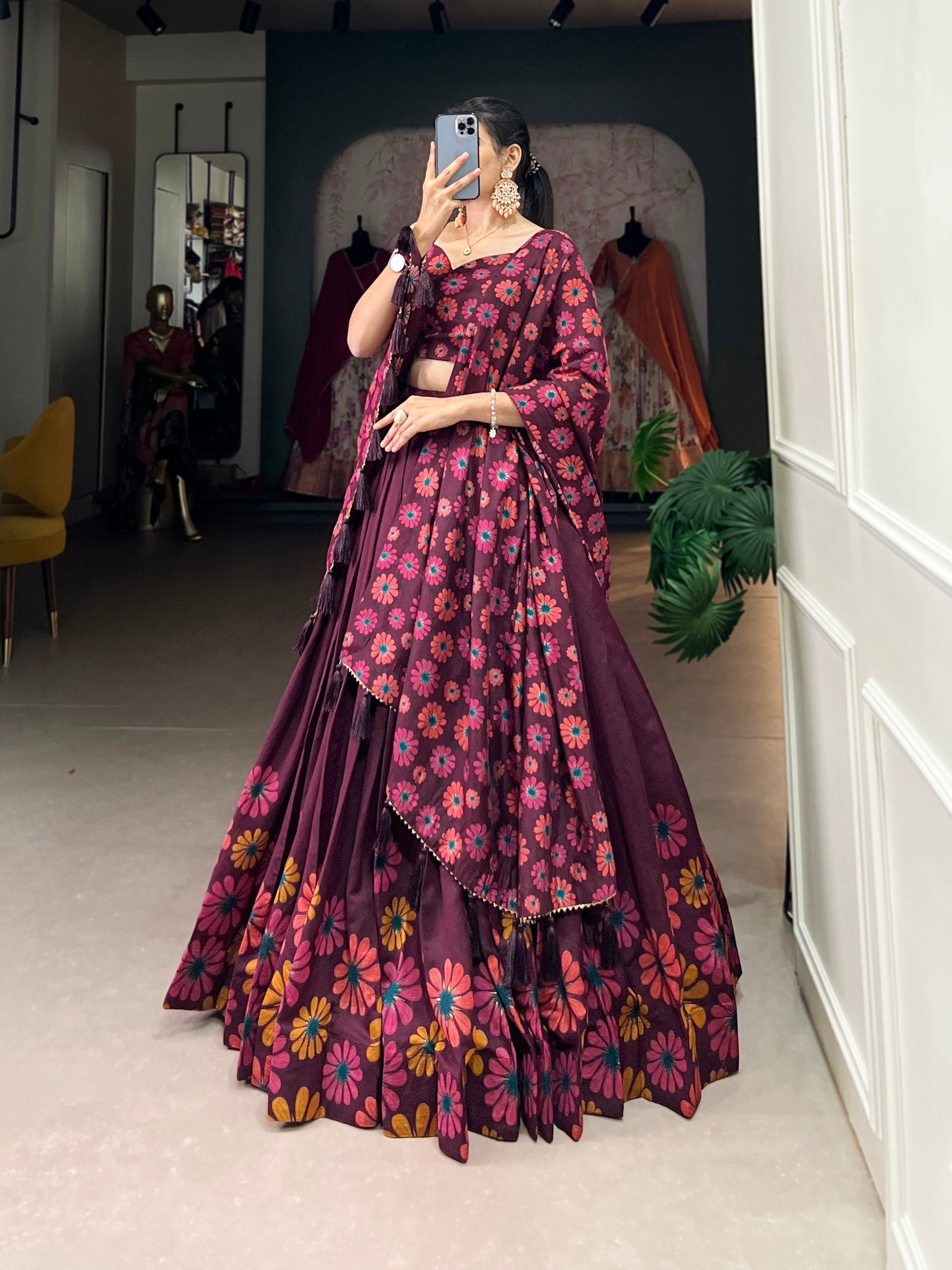 Breathtaking WineFloral Printed Foil Worked Tussar Silk Lehenga Choli - Ethnicwish