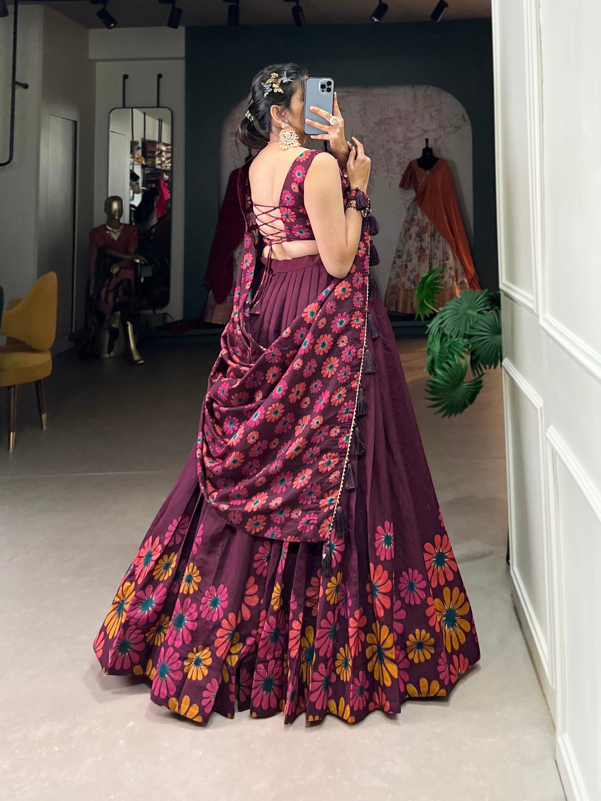 Breathtaking WineFloral Printed Foil Worked Tussar Silk Lehenga Choli - Ethnicwish