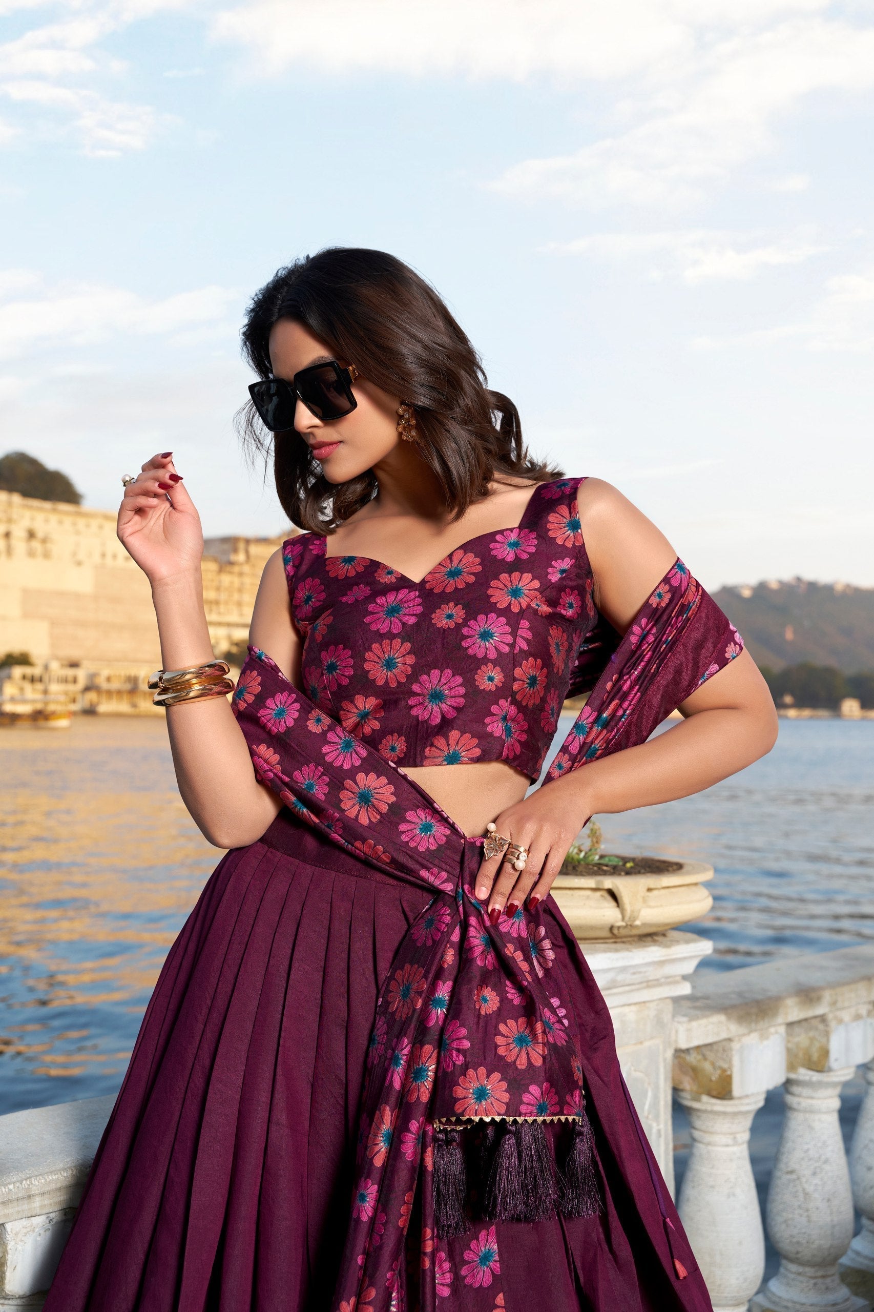 Breathtaking WineFloral Printed Foil Worked Tussar Silk Lehenga Choli - Ethnicwish