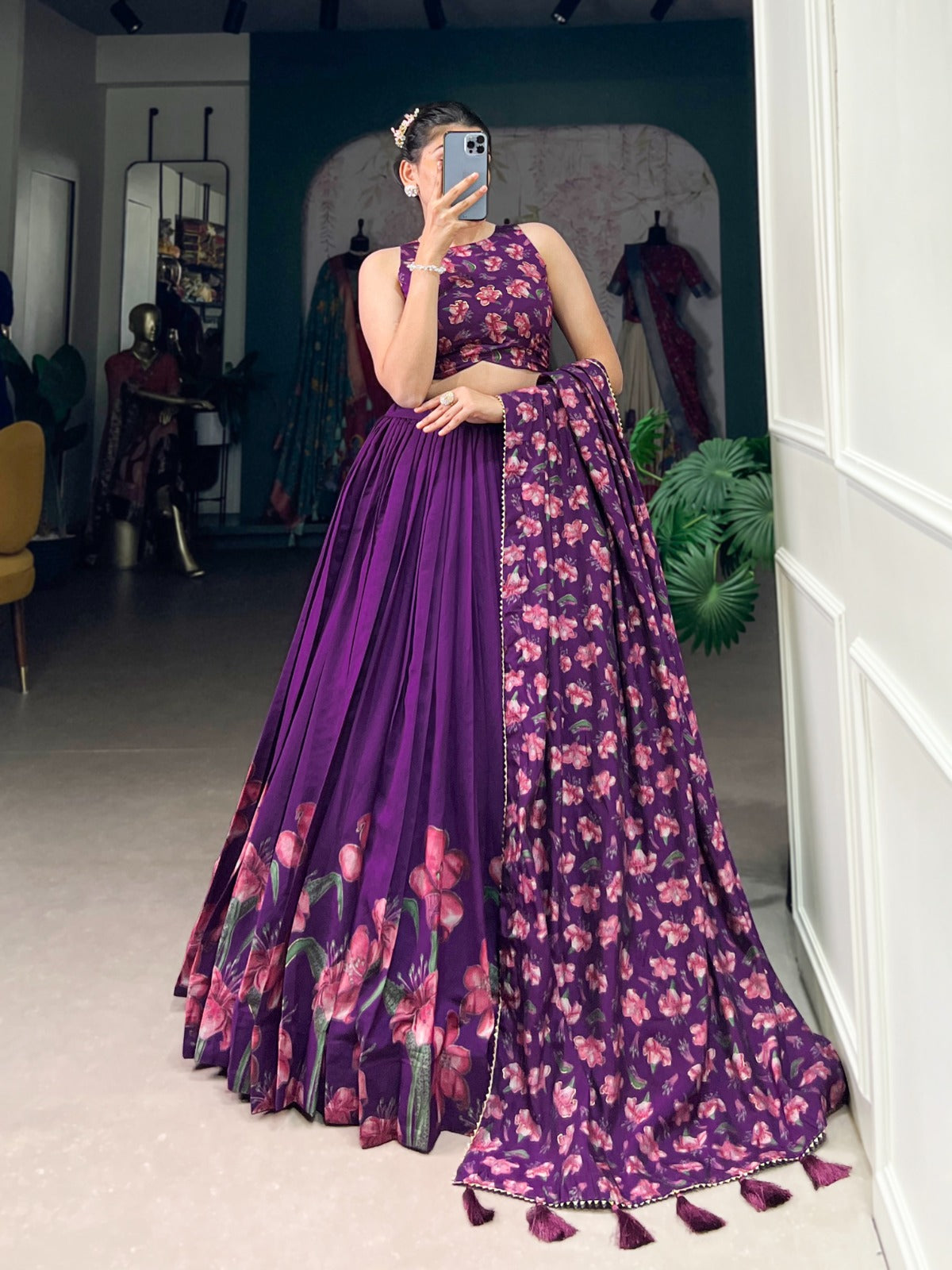 Stunning Tussar Silk Floral Printed Foil Worked Lehenga Choli - Ethnicwish