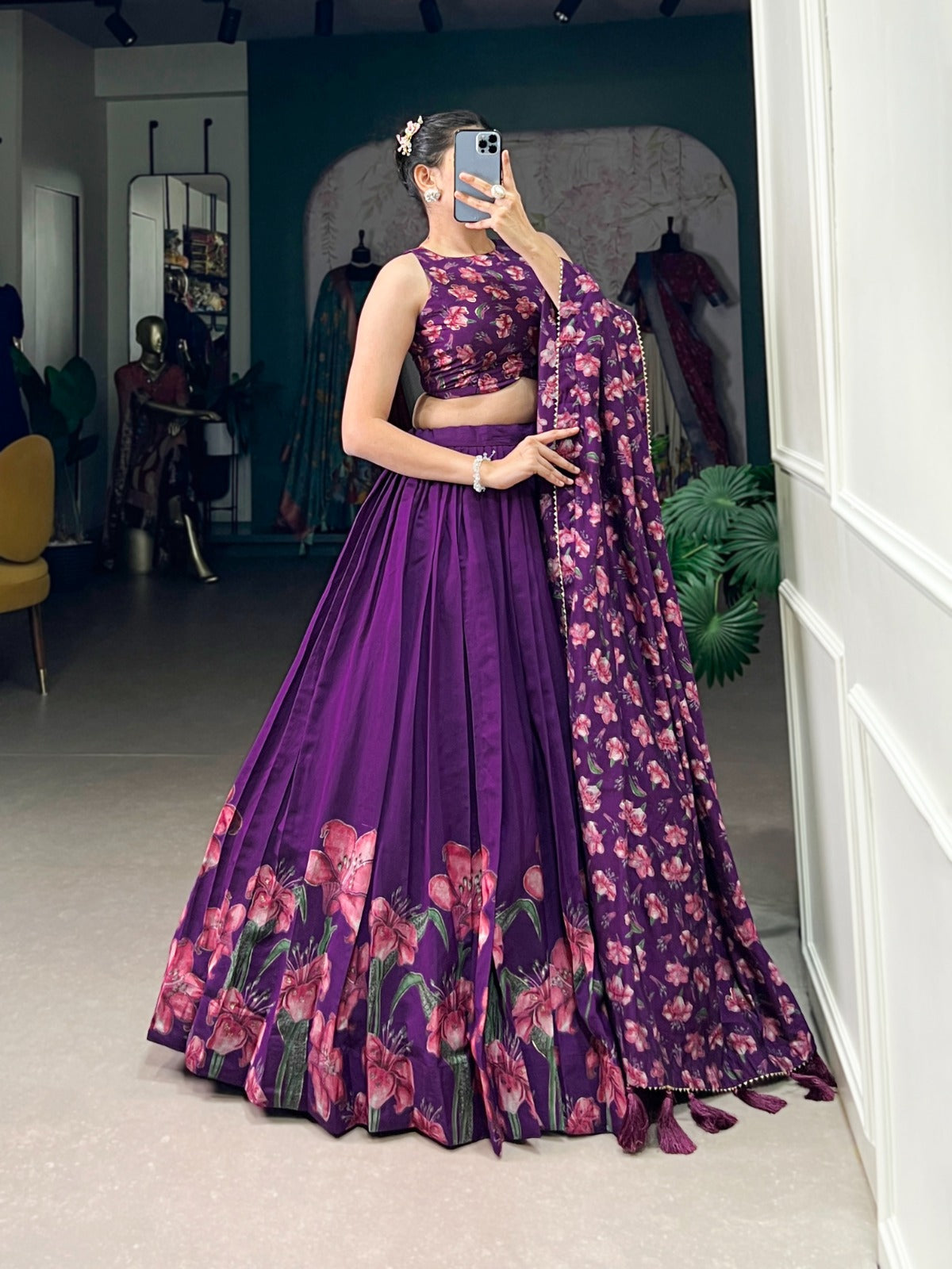 Stunning Tussar Silk Floral Printed Foil Worked Lehenga Choli - Ethnicwish