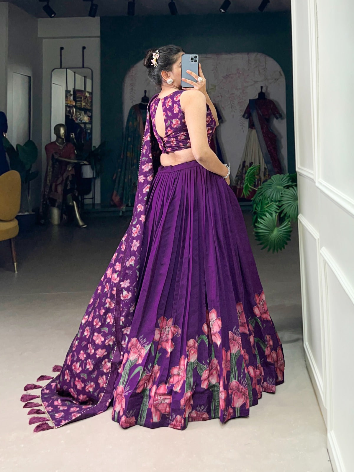 Stunning Tussar Silk Floral Printed Foil Worked Lehenga Choli - Ethnicwish