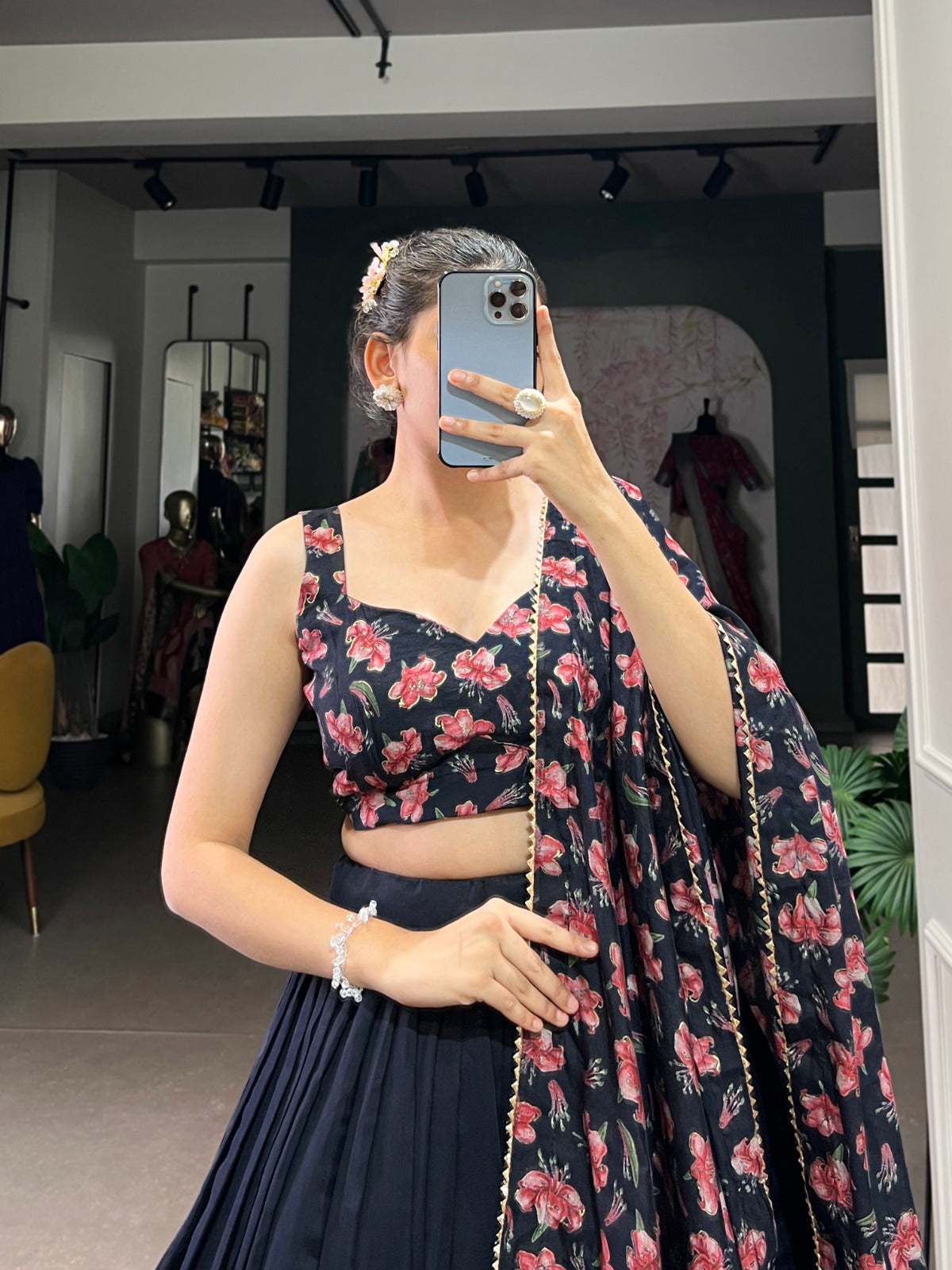 Stunning Tussar Silk Floral Printed Foil Worked Lehenga Choli - Ethnicwish