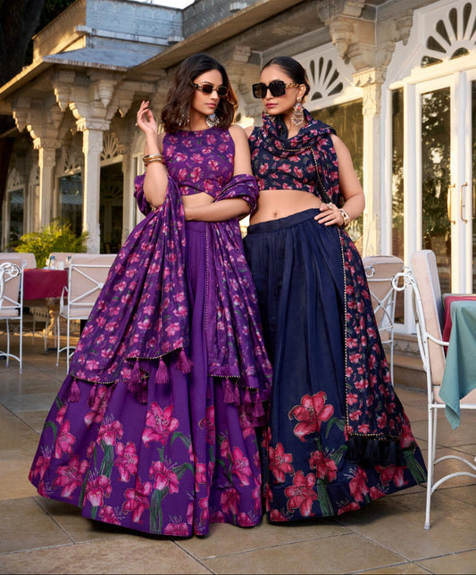 Stunning Tussar Silk Floral Printed Foil Worked Lehenga Choli - Ethnicwish