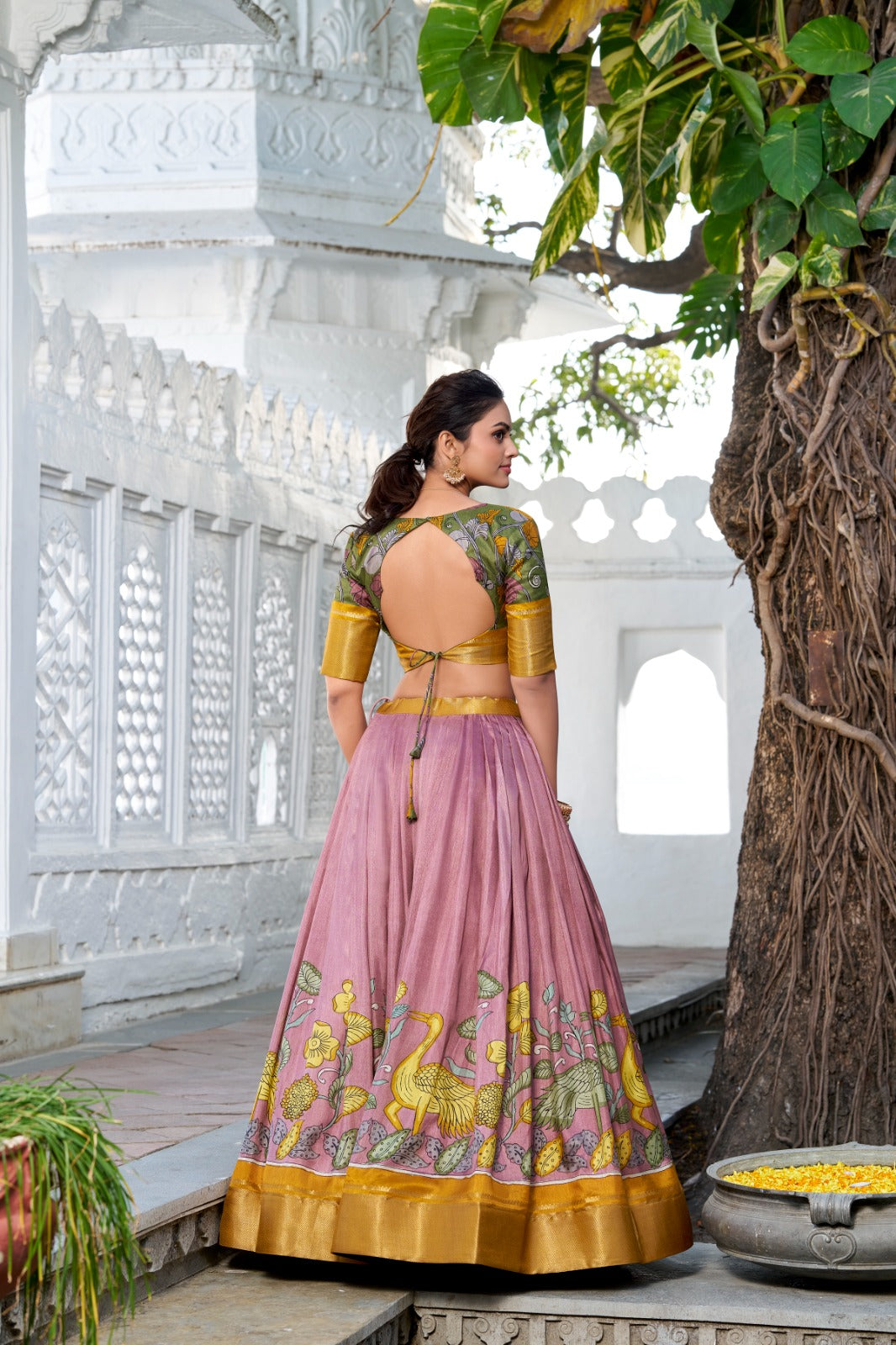 Delightful Jacquard Silk Kalamkari Printed Lehenga Choli Set - Ethnicwish