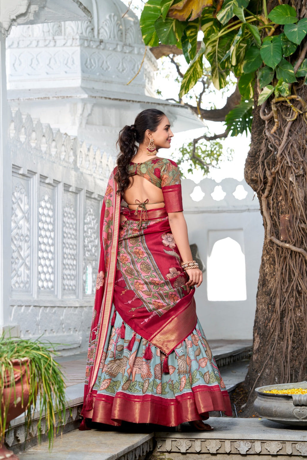 Delightful Jacquard Silk Kalamkari Printed Lehenga Choli Set - Ethnicwish