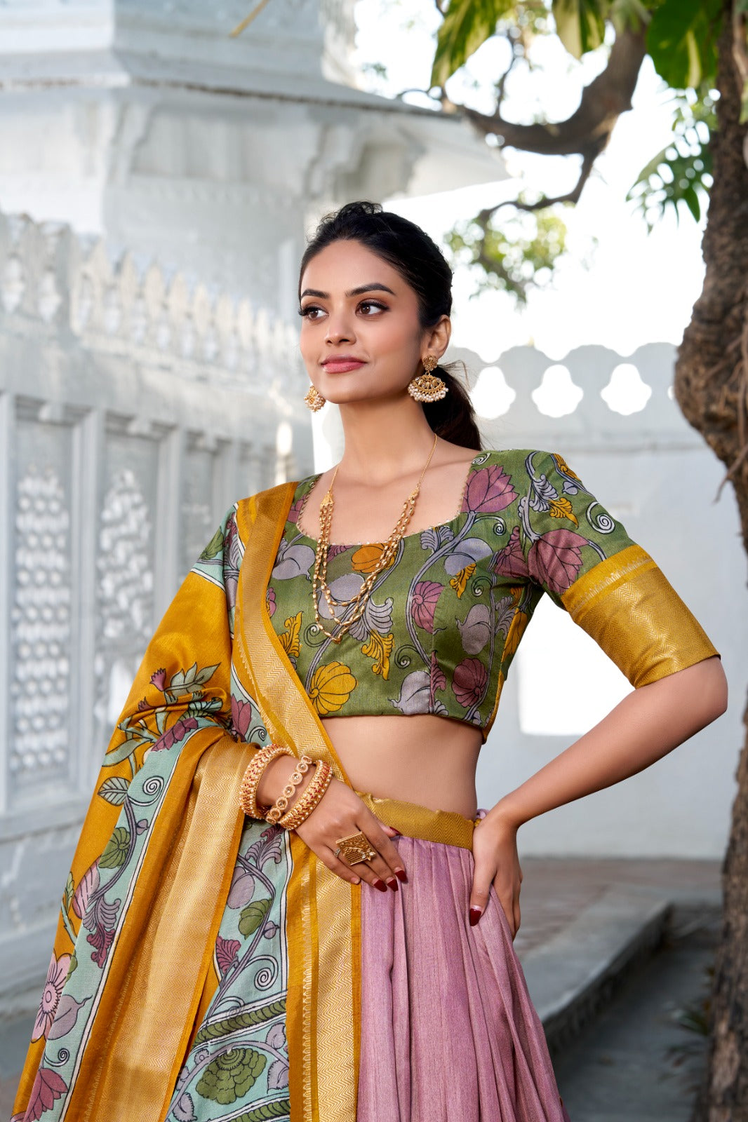 Delightful Jacquard Silk Kalamkari Printed Lehenga Choli Set - Ethnicwish