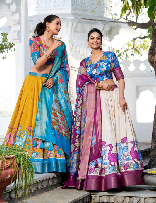 Delightful Jacquard Silk Kalamkari Printed Lehenga Choli Set - Ethnicwish