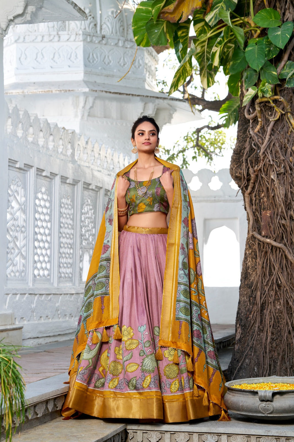 Delightful Jacquard Silk Kalamkari Printed Lehenga Choli Set - Ethnicwish