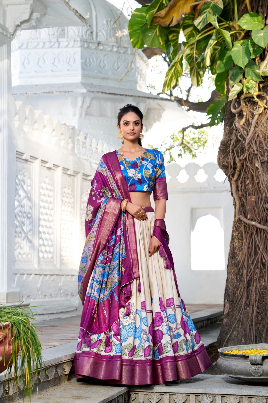 Delightful Jacquard Silk Kalamkari Printed Lehenga Choli Set - Ethnicwish