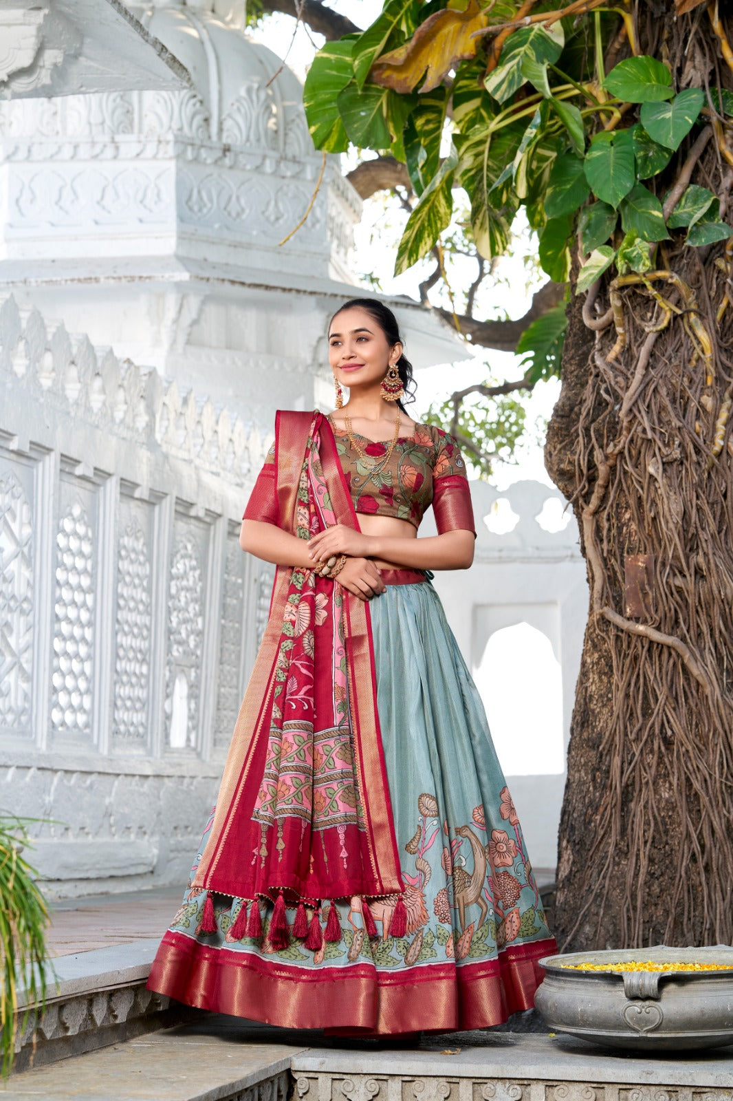 Delightful Jacquard Silk Kalamkari Printed Lehenga Choli Set - Ethnicwish
