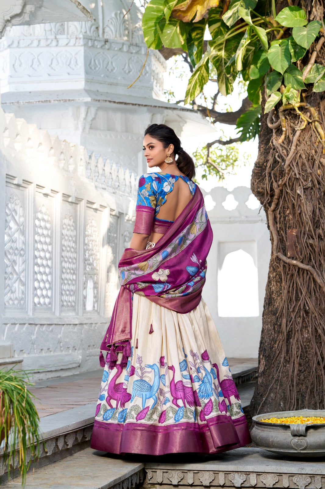 Delightful Jacquard Silk Kalamkari Printed Lehenga Choli Set - Ethnicwish
