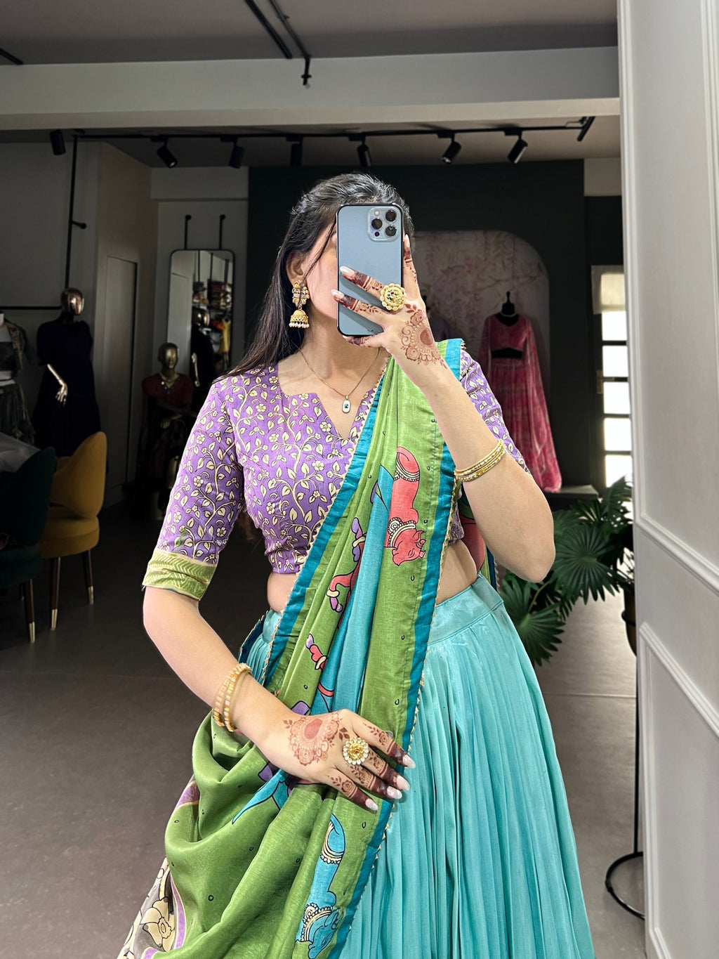 Fabulous Tussar Silk Kalamkari Printed Foil Worked Lehenga Choli - Ethnicwish