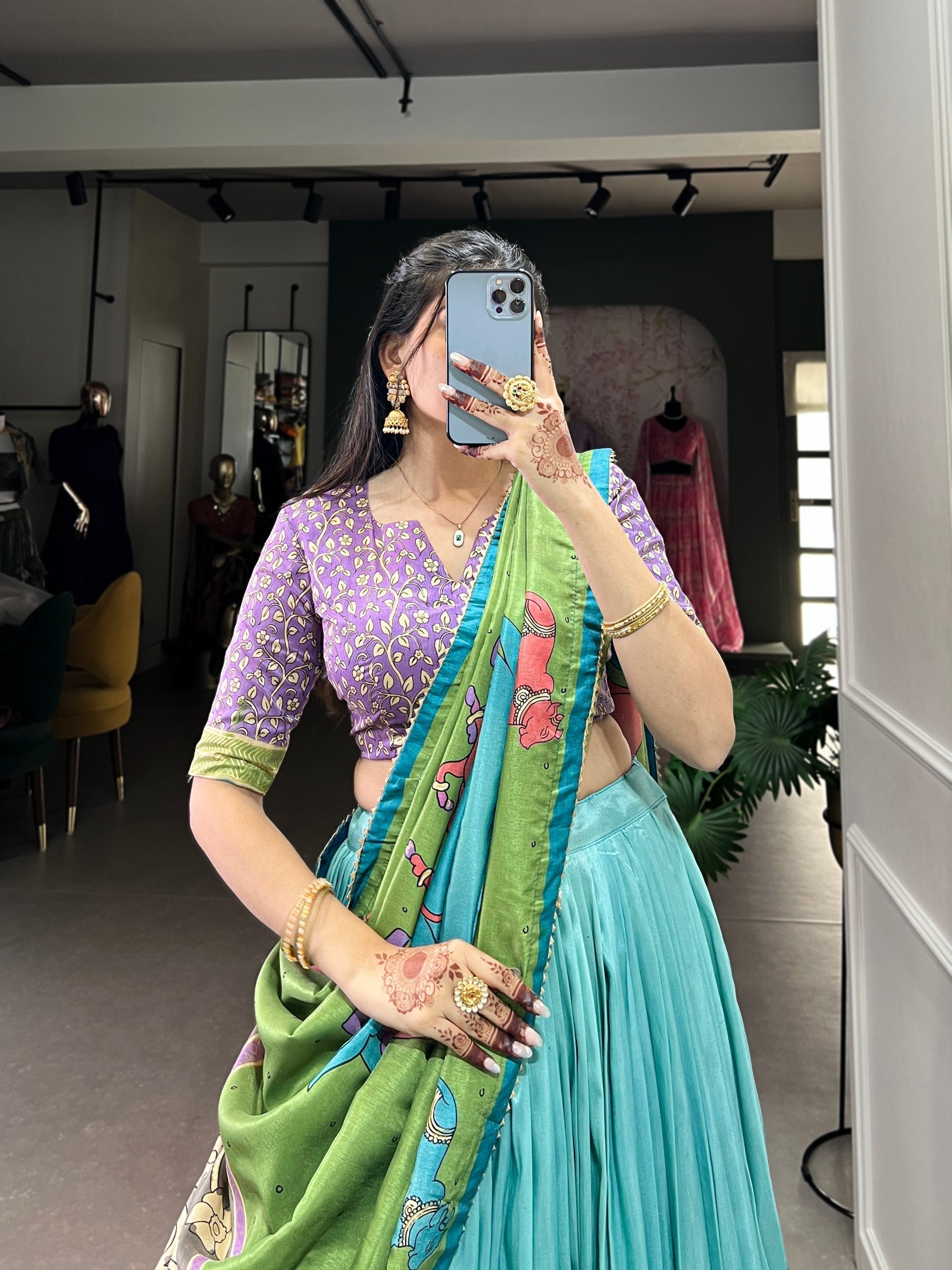 Fabulous Tussar Silk Kalamkari Printed Foil Worked Lehenga Choli - Ethnicwish