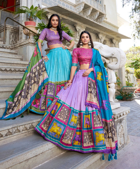 Fabulous Tussar Silk Kalamkari Printed Foil Worked Lehenga Choli - Ethnicwish