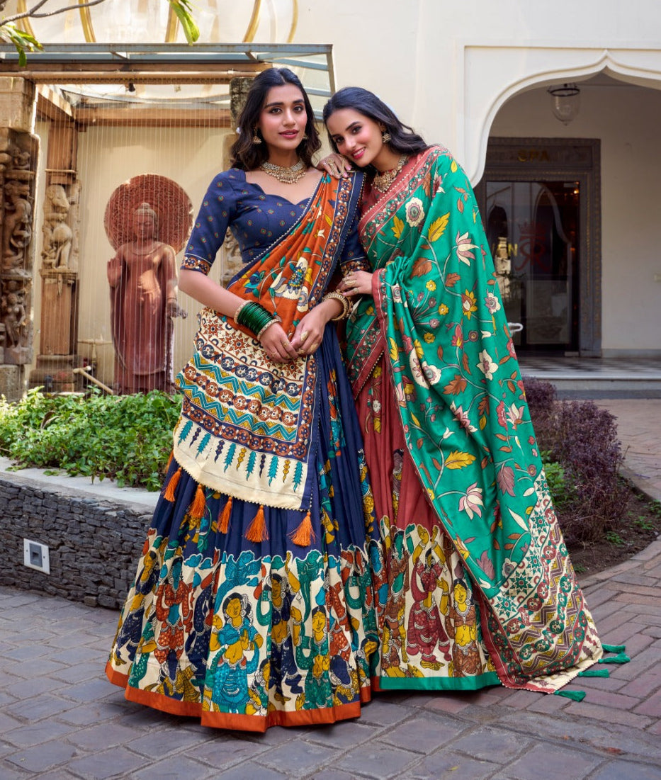 Exquisite Tussar Silk Kalamkari Printed Foil Worked Lehenga Choli - ETHNICDEAL